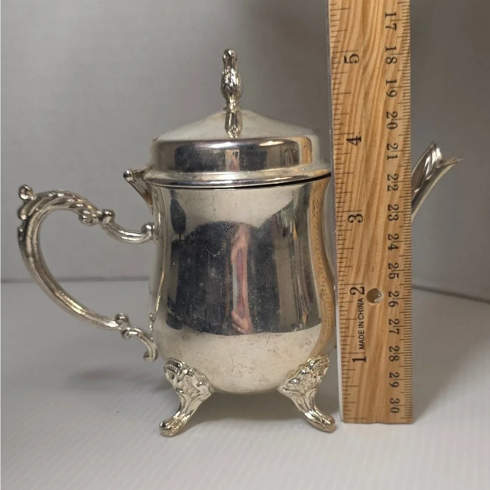 Vintage‎ Silver Plate Mini Teapot Creamer Ornate Footed Hinged Lid Unmarked